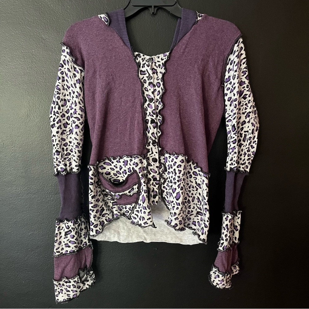 Fairytea Upcycled Elf Gypsy Hood cardigan Sweater Whimsical Purple Coat pixie